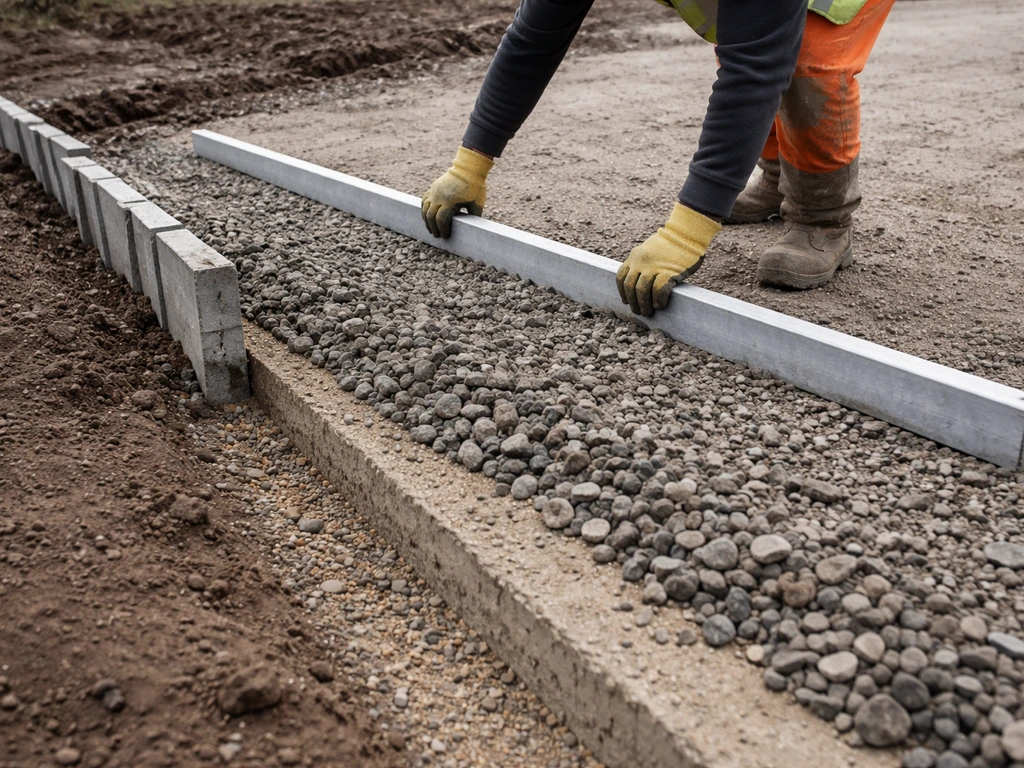 Worker spreading and leveling layered MOT Type 1 sub-base with screed board and installed edge restraints