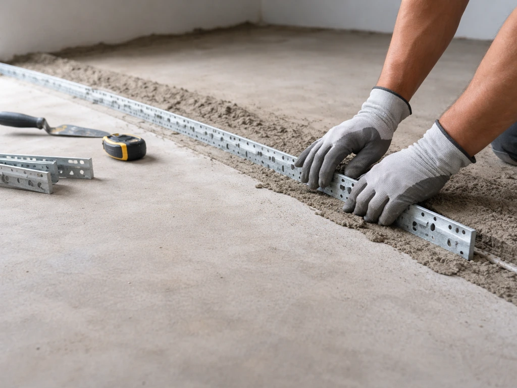 Gloved hands fitting steel edge restraints along a room perimeter before screeding bedding sand