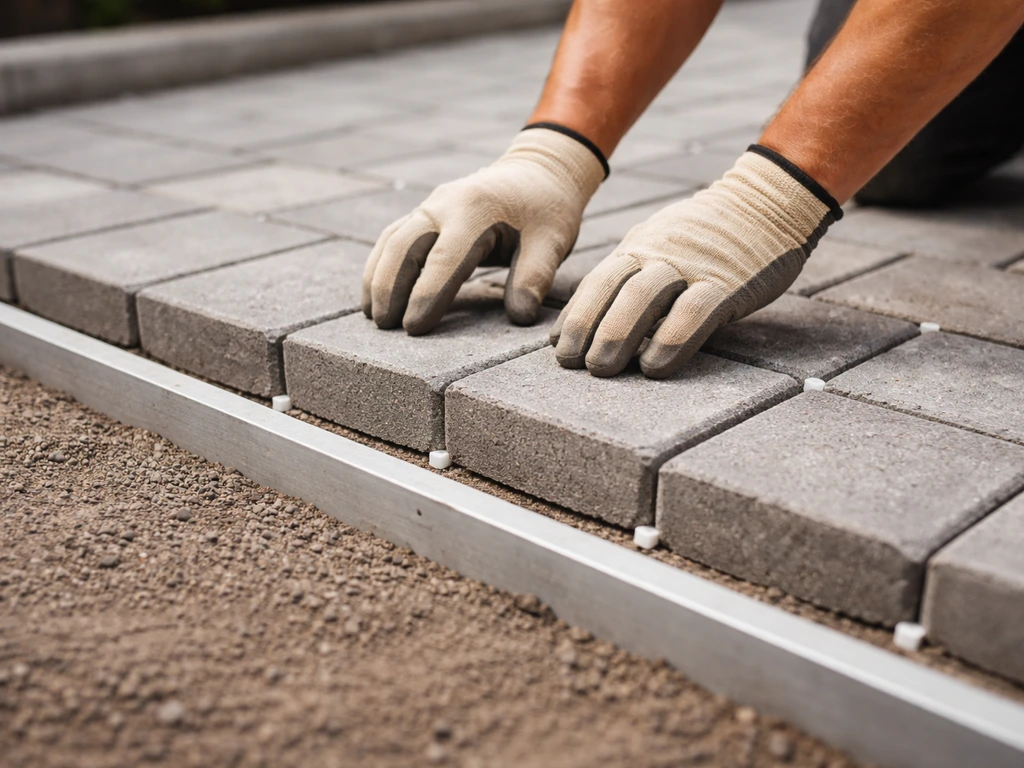 Hands laying concrete patio paving blocks with spacers along a straight edge guide for alignment.