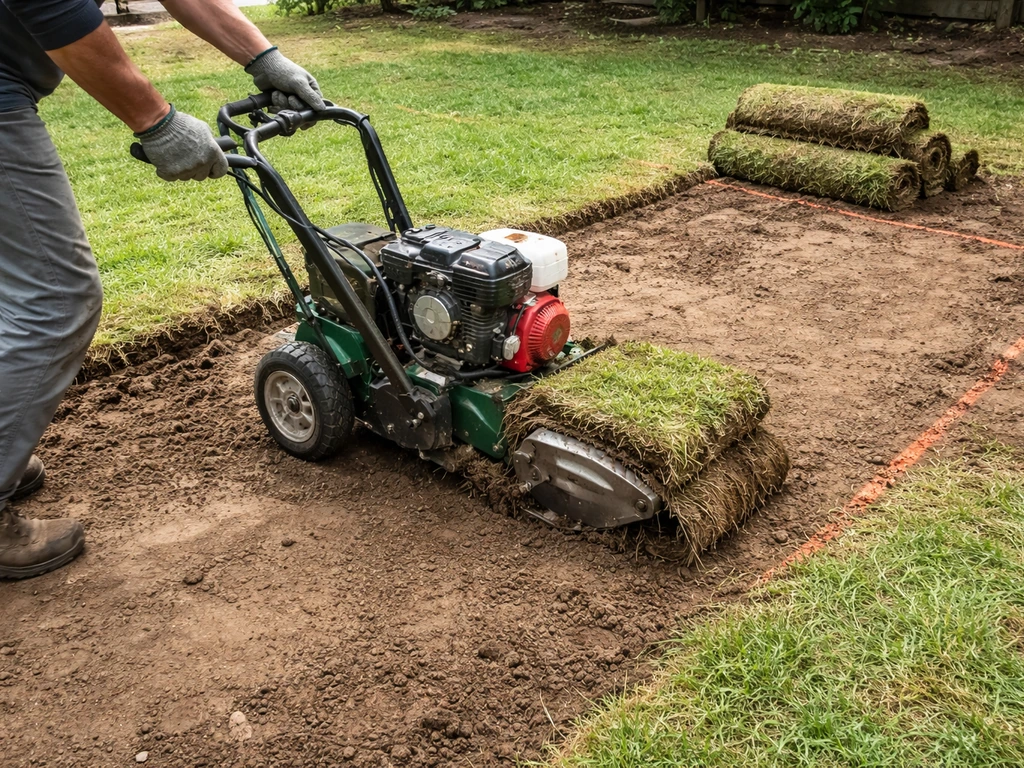 Sod cutter scraping up grass and exposing soil in a backyard patio prep area