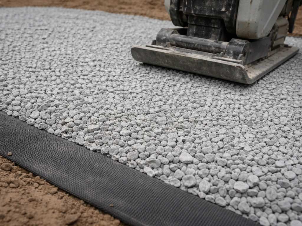 Close-up of geotextile and crushed stone patio base as a plate compactor compacts the layer.