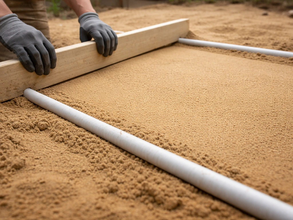 Close-up of hands using a screed board over bedding sand bed with conduit pipes for leveling bricks.