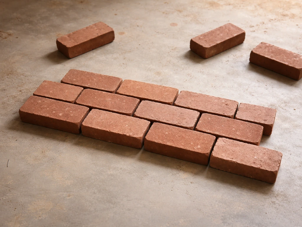 Dry-laid running-bond brick row with even mortar gaps on a workshop floor