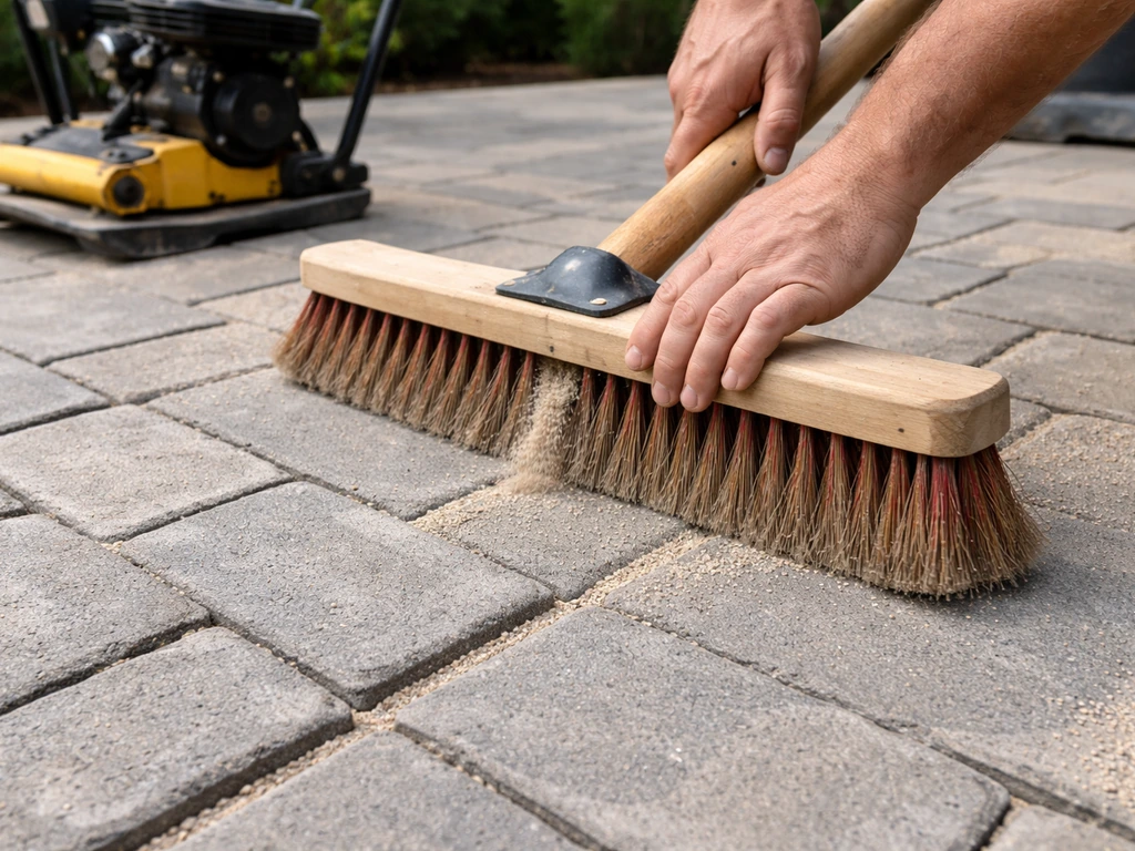 Hands brushing polymeric sand into brick patio joints while compactor plate vibrates nearby