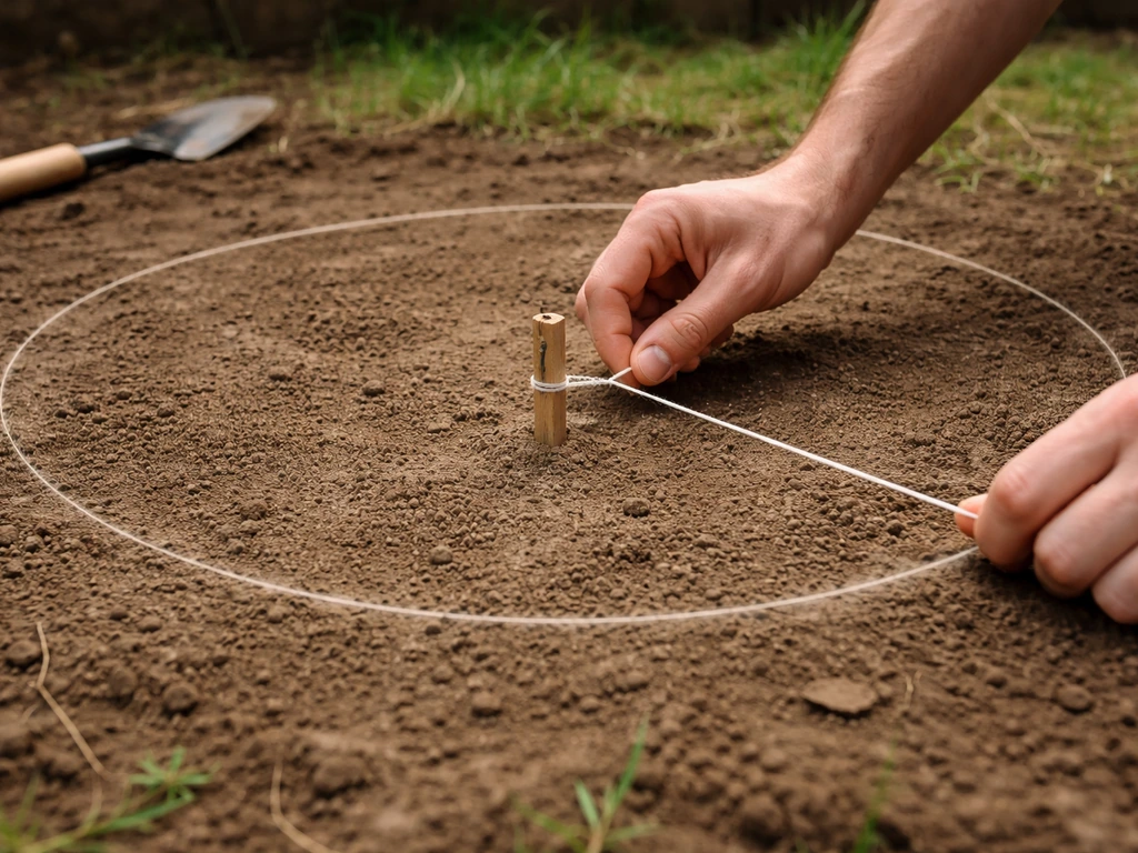 Hands steady a center stake with taut string marking a perfect circle on the ground.