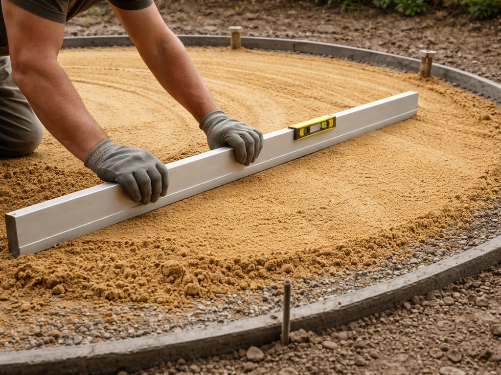 Worker screeding sharp sand across a circular area using a straight screed board and a level
