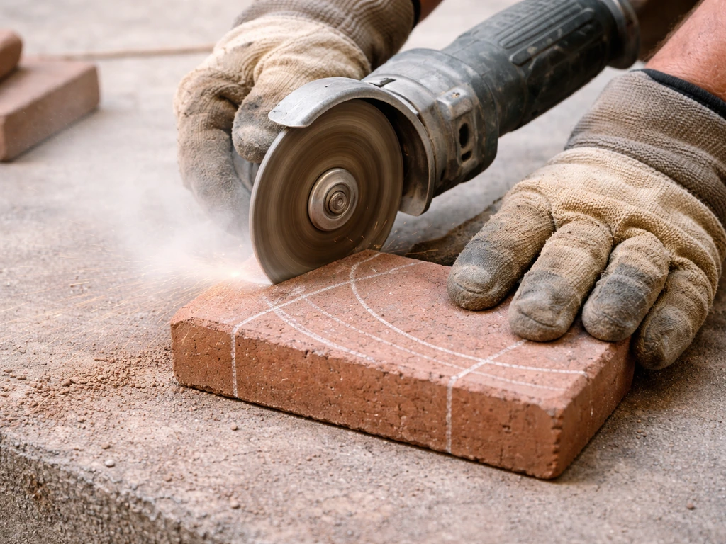 Hands wearing gloves cut a clay brick along chalk lines with an angle grinder and diamond blade