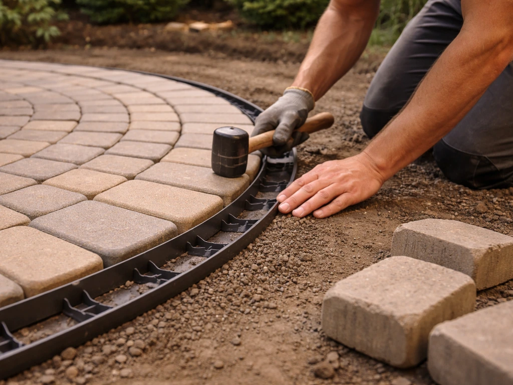 Hands installing flexible plastic paving edging along the curved outer ring of a brick patio.