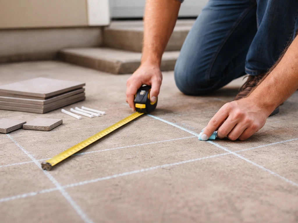 Hands measuring a patio with a tape measure while chalk lines form a simple tile grid plan.