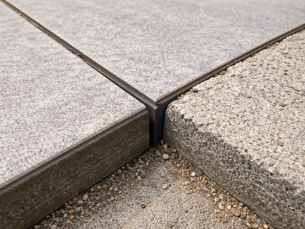 Close-up of outdoor patio expansion joints with flexible filler showing separation lines