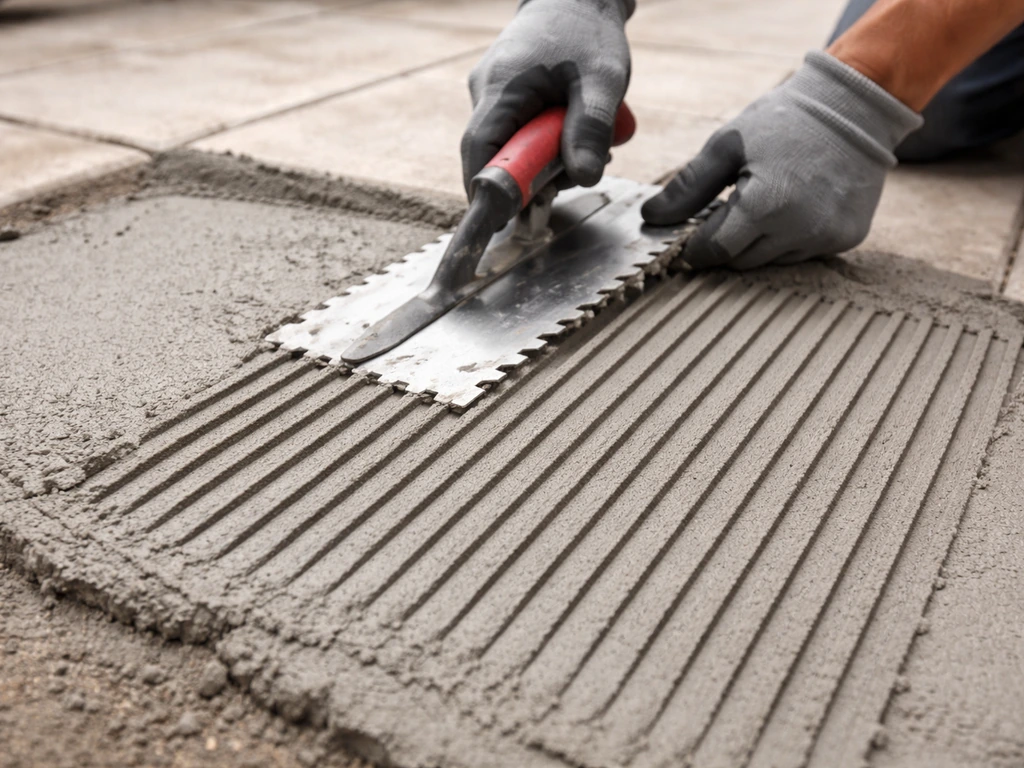 Gloved hands spread exterior thinset with a notched trowel, leaving neat ridges on a patio surface.