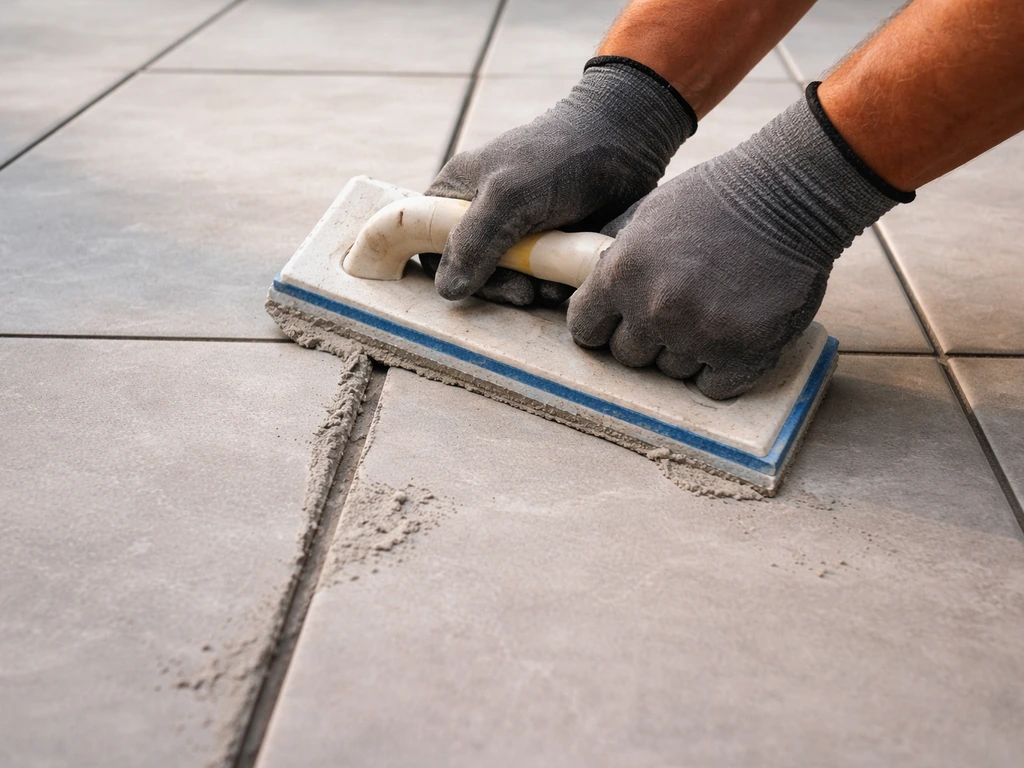Hand pressing sanded grout into outdoor patio tile joints with a rubber grout float, ready for cleanup.
