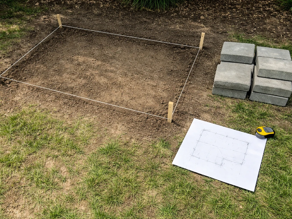 Top-down view of patio planning: stakes, string lines, rough paper sketch, and concrete pavers on soil.