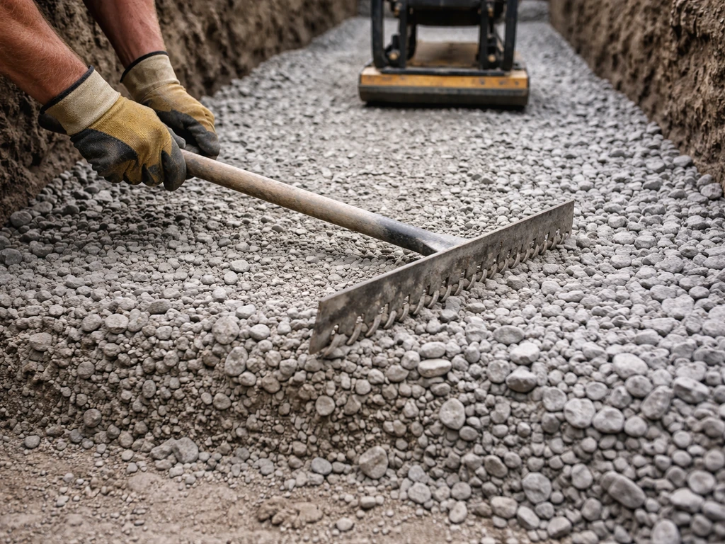 Technician levels a crushed-stone base in a trench and compacts it with a plate compactor.