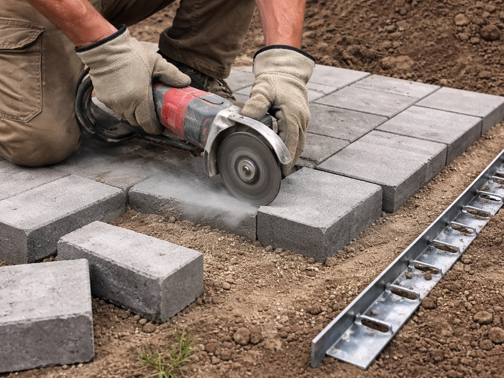 Worker’s hands cutting a concrete block to fit a perimeter gap, with metal edging restraint nearby.