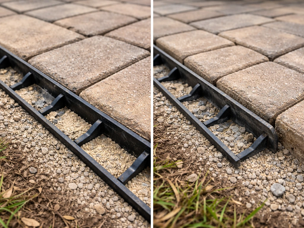 Close-up of patio pavers with an intact edge restraint and swept polymeric joint sand, beside a small gap.