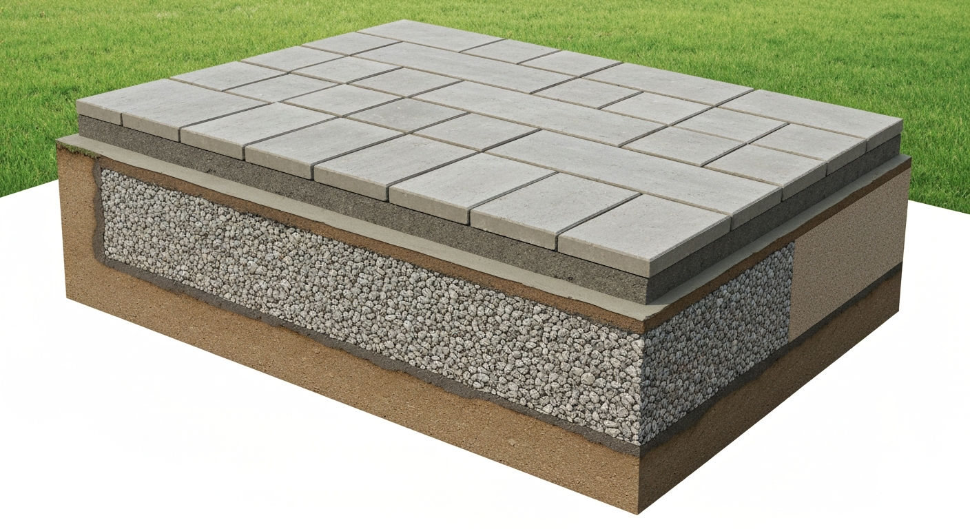 Isometric cutaway illustration showing patio slabs, mortar bedding, compacted MOT Type 1 sub-base, geotextile and native subsoil with a slight fall away from the house.