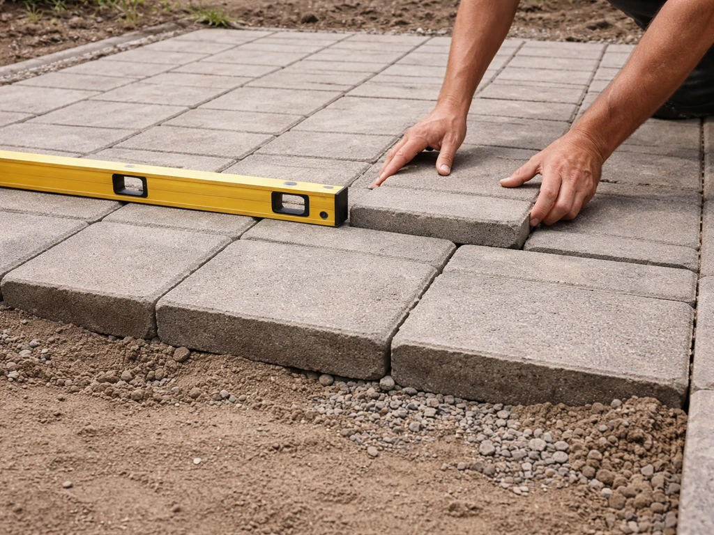 Hands adjusting uneven patio blocks with a level and straightedge to set correct slope and drainage.