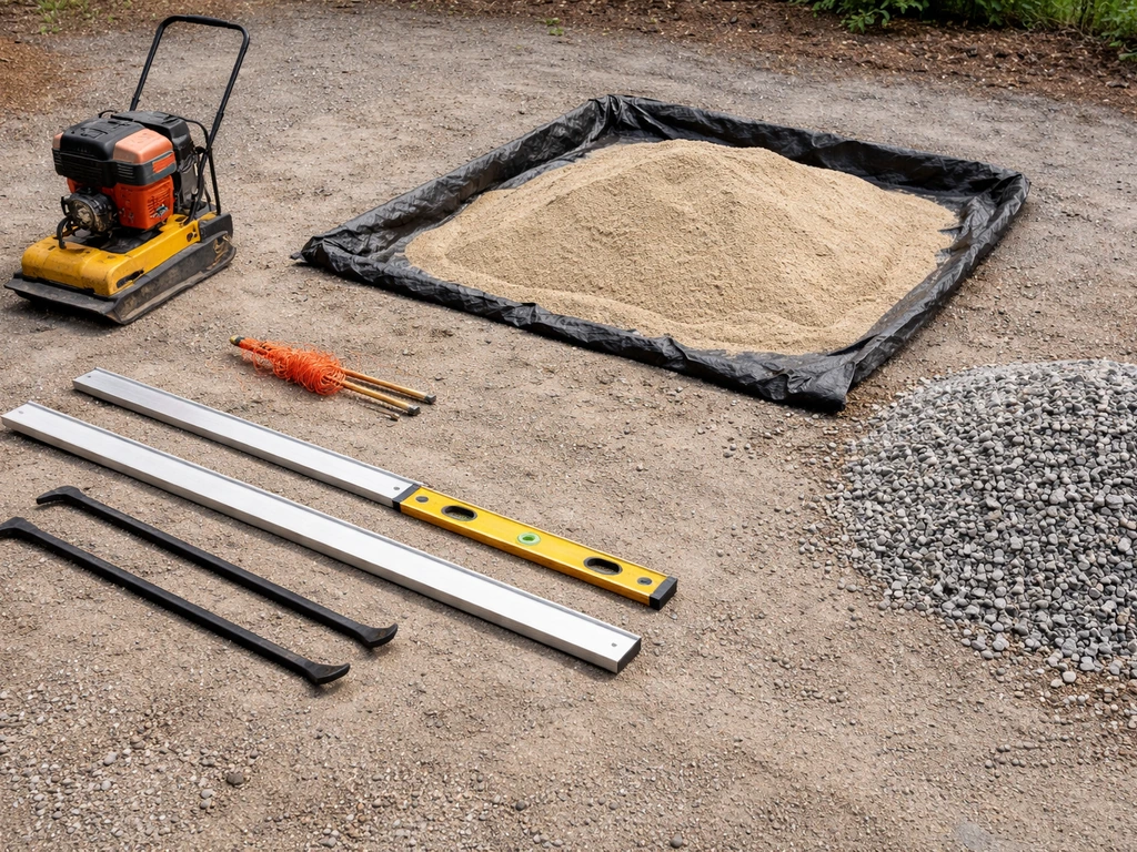 Tools and patio materials laid out neatly: plate compactor, level, string line, straightedge, sand, gravel.