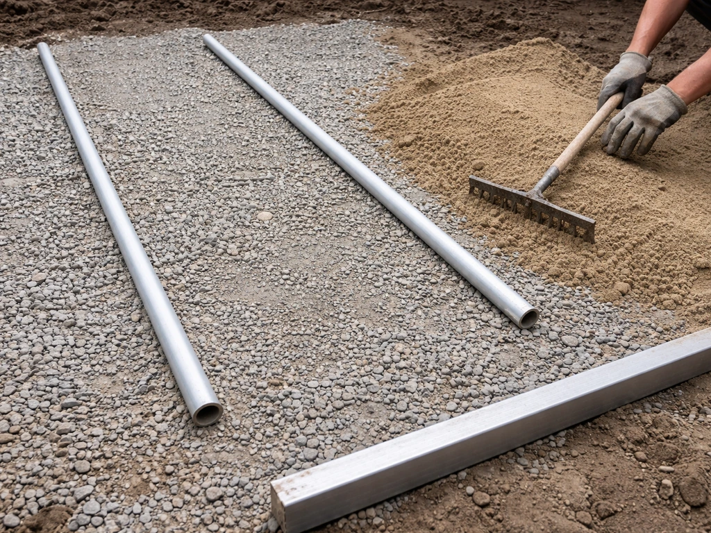 Bedding sand being prepped beside parallel screed rails on a compacted gravel base.