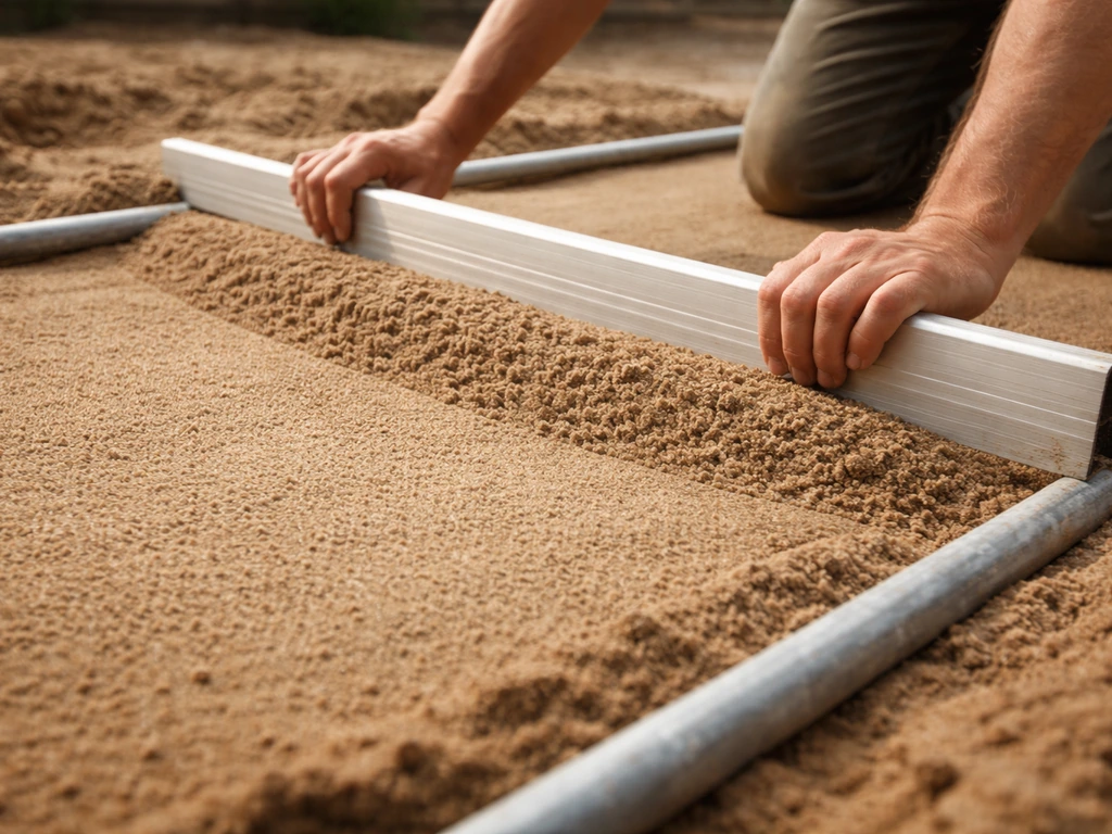 Close-up of a straight board screeding bedding sand across metal rails for a flat surface