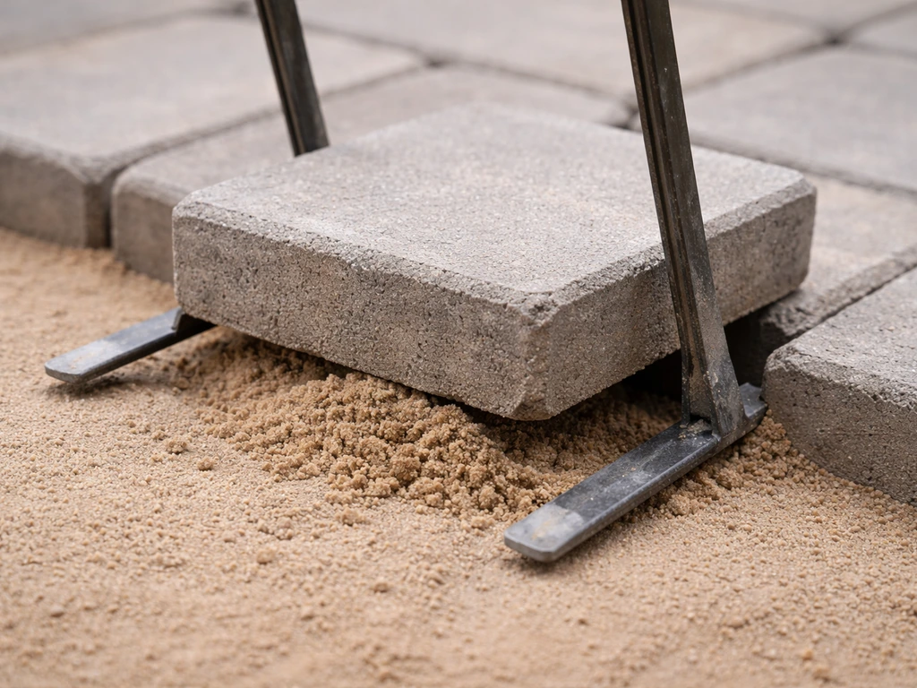 Handyman lifts an uneven patio block with pry bars while adjusting sand underneath.