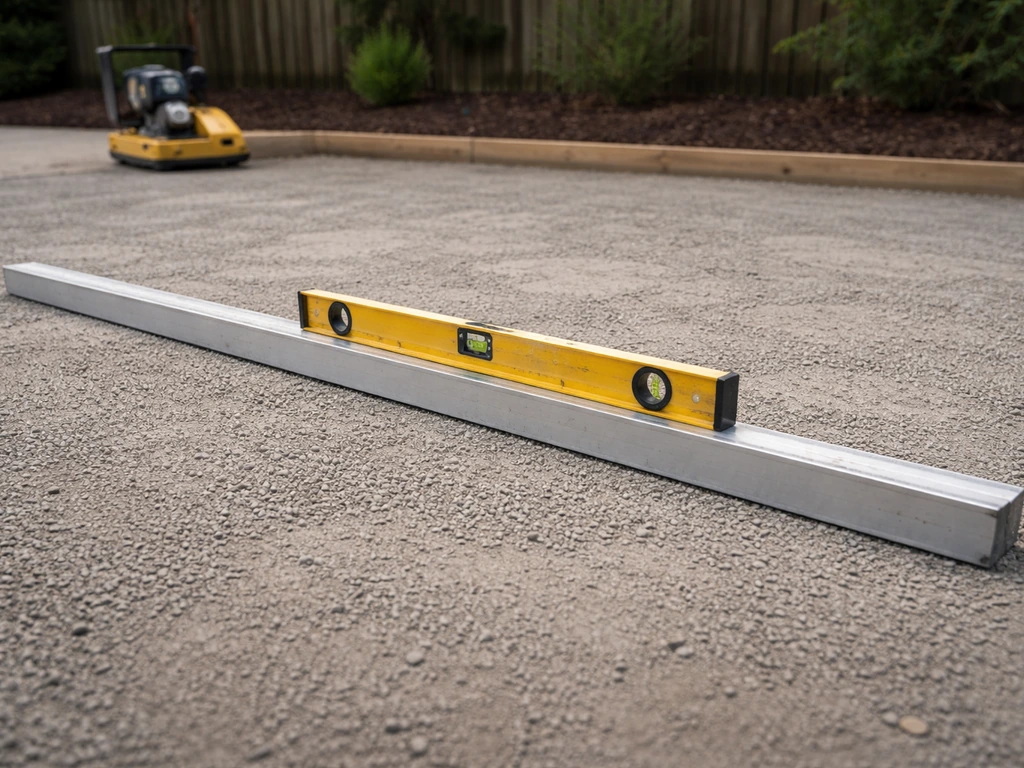 8-foot straightedge and 4-foot level laid across a patio surface with a plate compactor nearby.