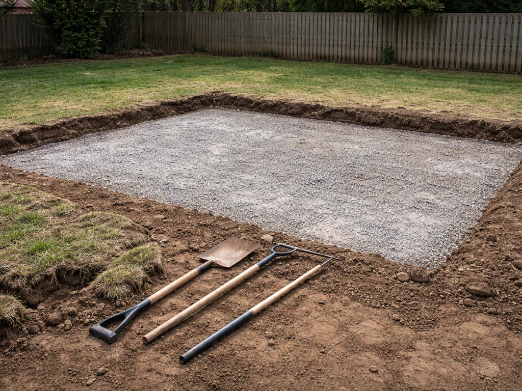 Backyard patio excavation with lawn removed, freshly leveled foundation area and base gravel in place.