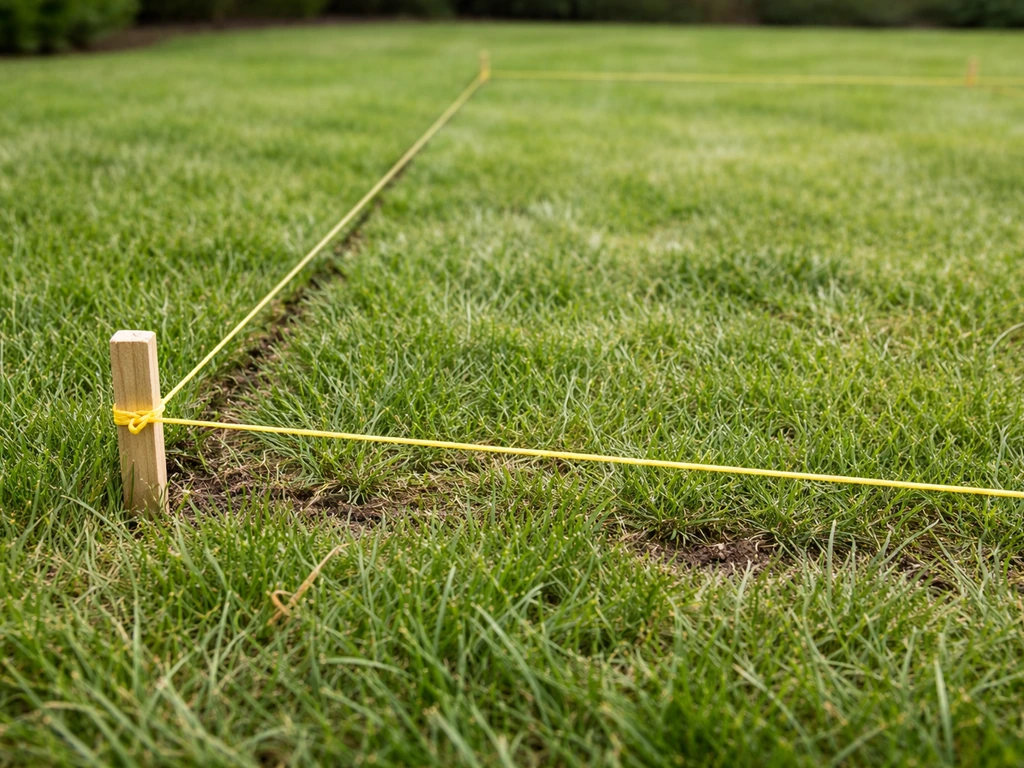 Close-up of string line and timber pegs marking a patio outline on grass.