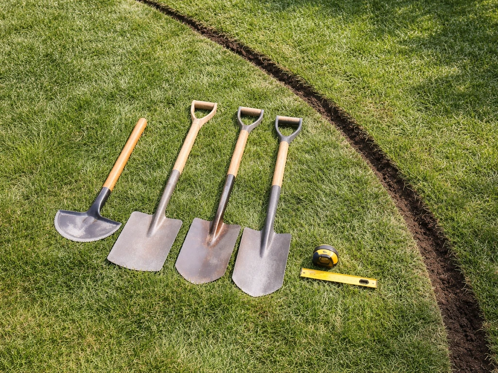 Garden edging and excavation tools—half-moon edger, flat and digging spades—laid on grass near a clean lawn edge.