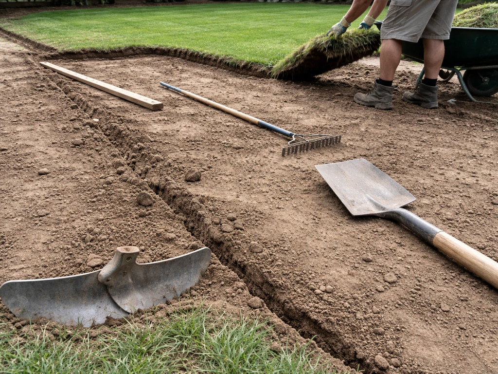 Anonymous gloved hands haul removed sod while a rake and straightedge shape graded excavation in a yard.