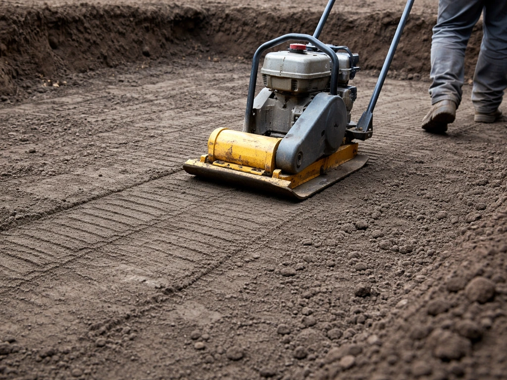 Plate compactor compressing exposed subgrade in a dug-out patio area with clear compaction passes