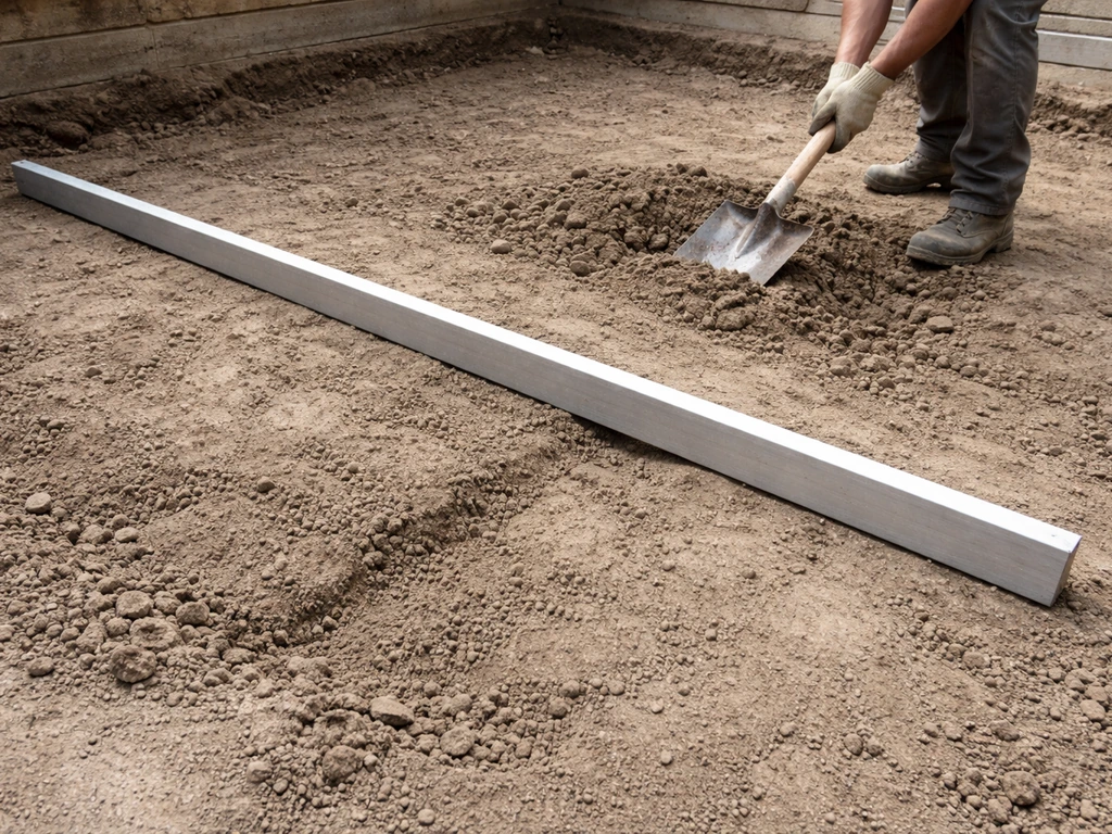 Long straightedge laid across an uneven dug-out patio floor, worker cutting down a high spot with a spade.