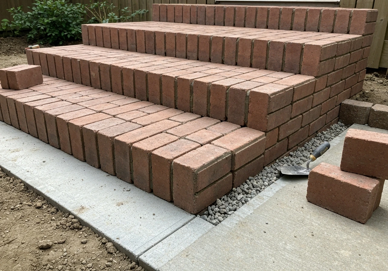 Finished DIY brick patio steps with clear risers and treads leading up from a concrete patio.