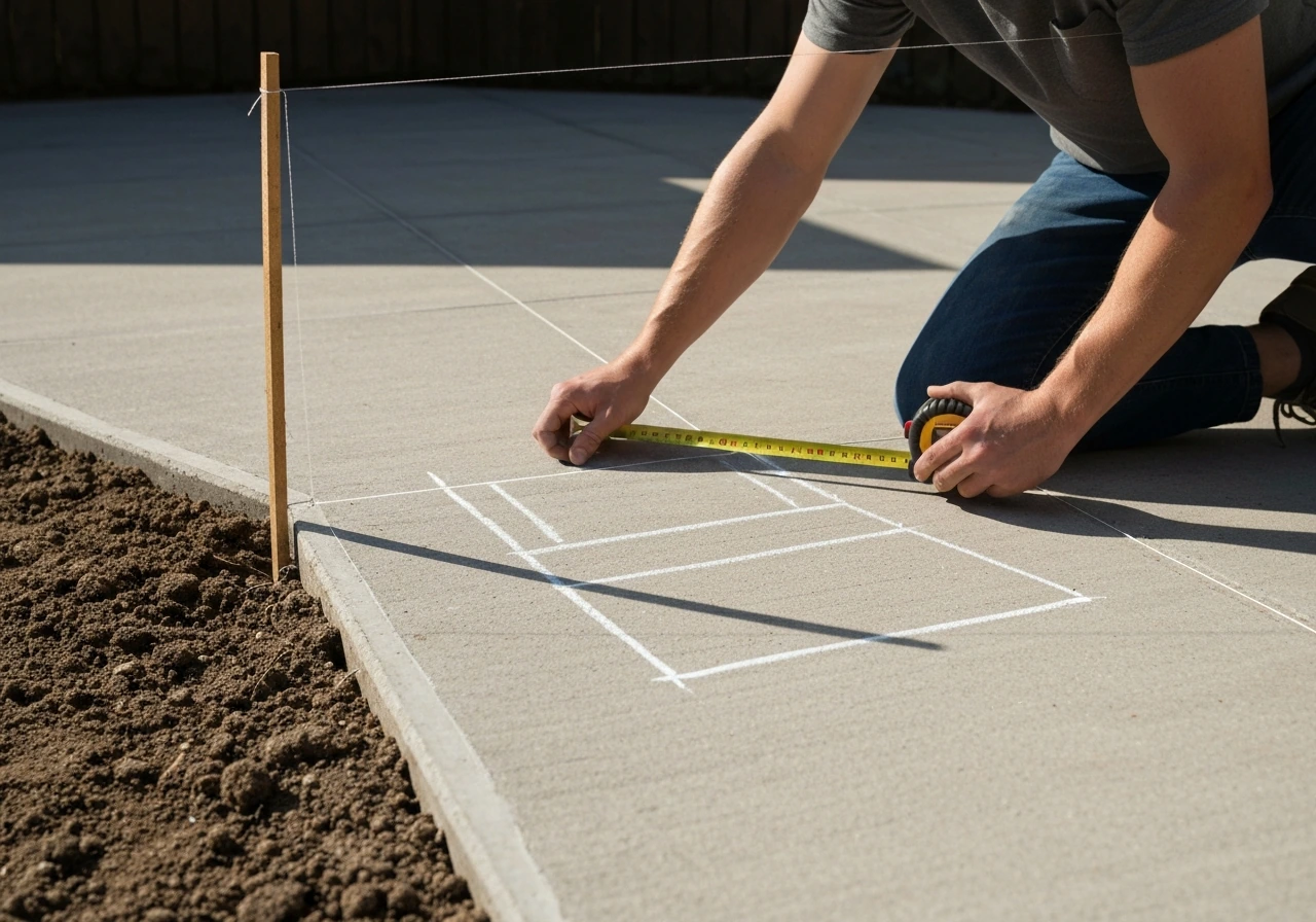 Hands using stakes, string, and tape measure to mark step layout on an outdoor patio.