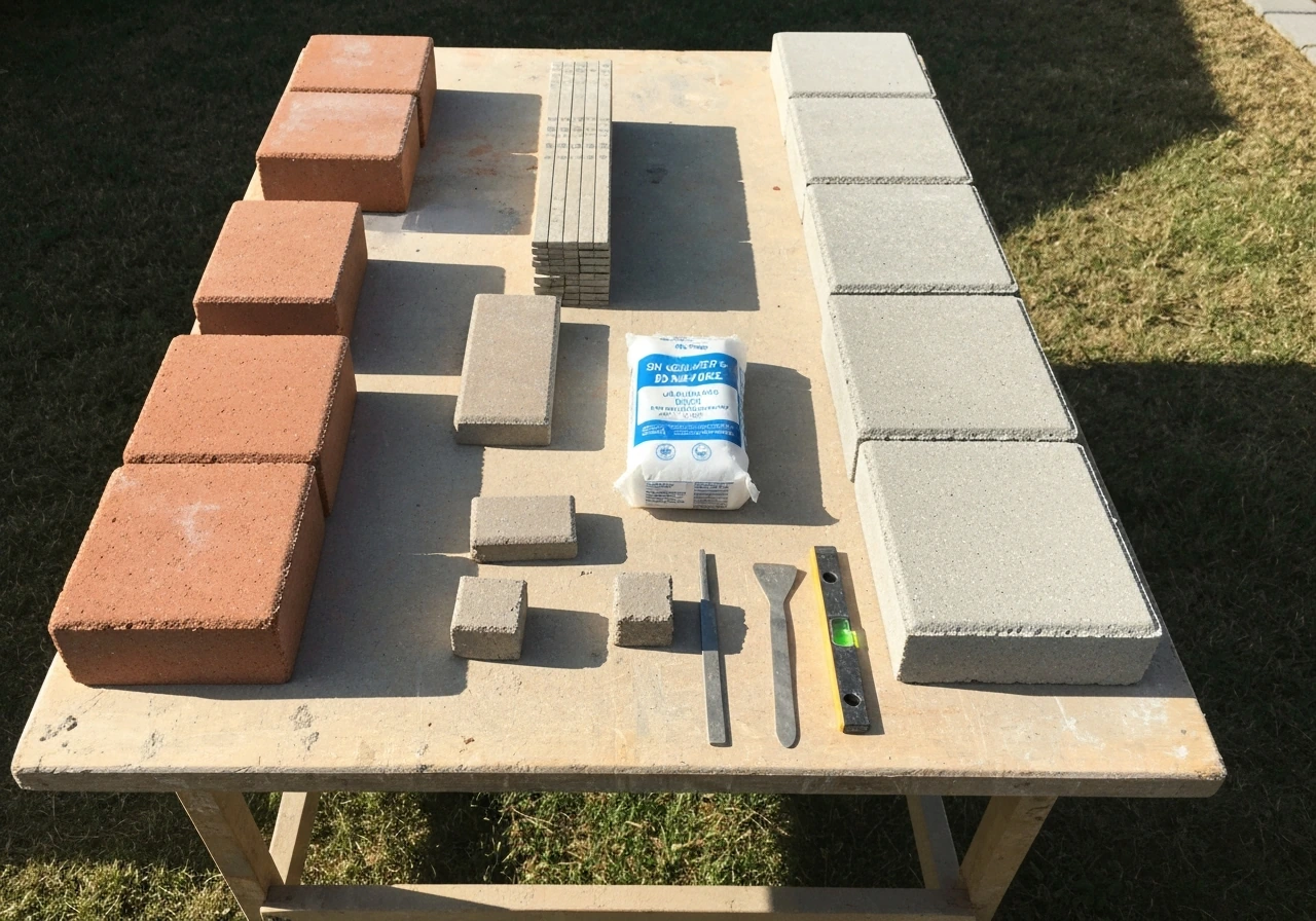 Workbench showing bricks and pavers side-by-side with mortar and dry-set materials and tools.