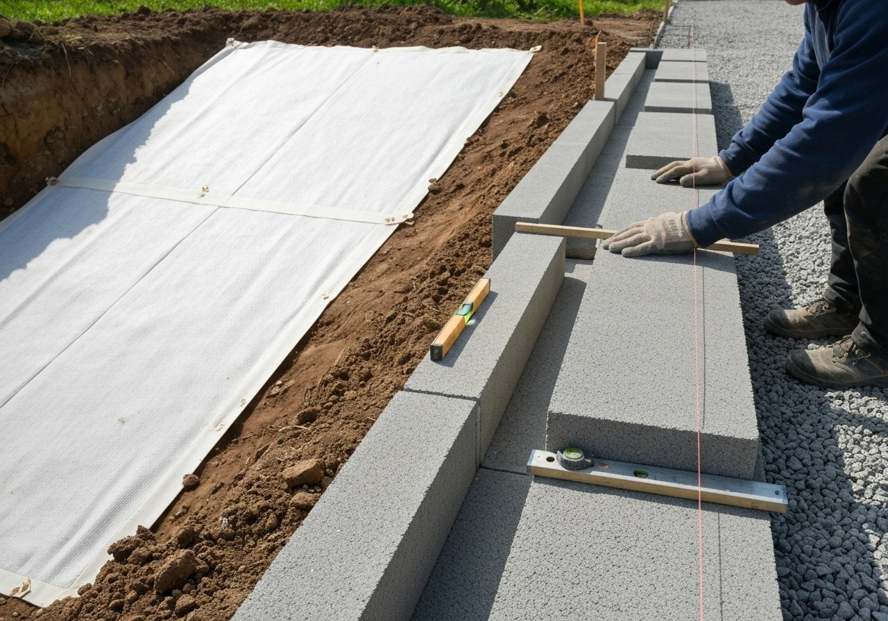 Stair-stepped concrete block formwork with geotextile on the ground and a straight string line