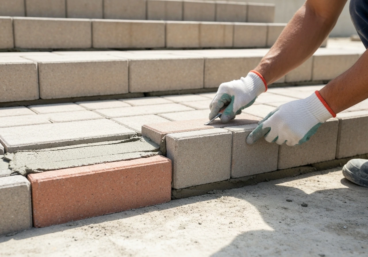Close-up of a worker setting brick pavers for risers and treads on outdoor steps, aligning joints bottom to top.