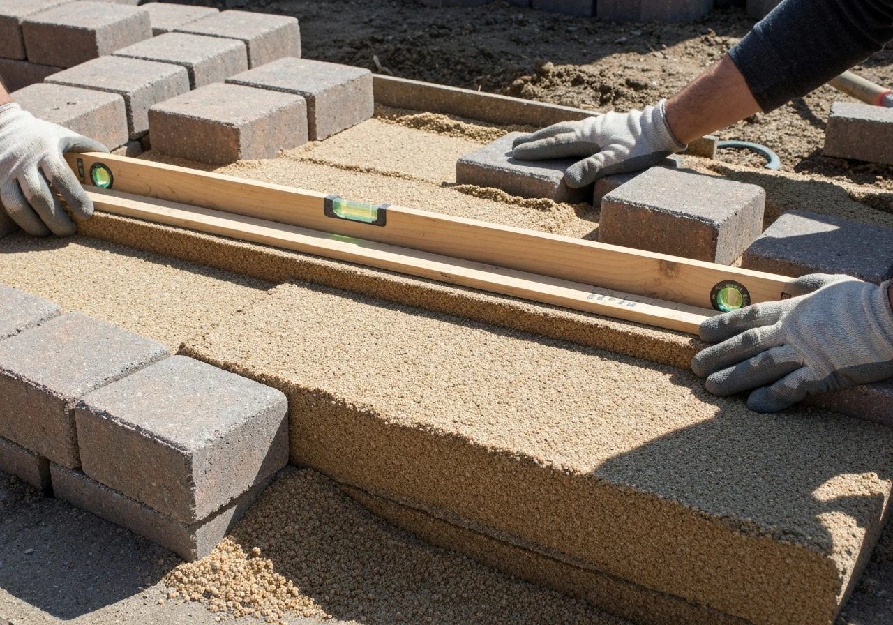 Close-up of coarse bedding sand leveled with a screed board and tread bricks pressed into place