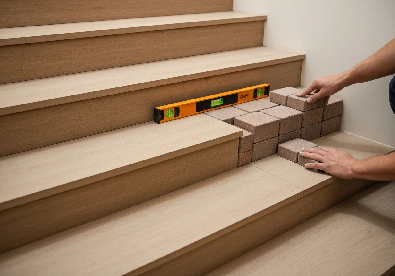 Stair steps with uneven risers; a carpenter level gauges alignment while bricks/pavers are adjusted.