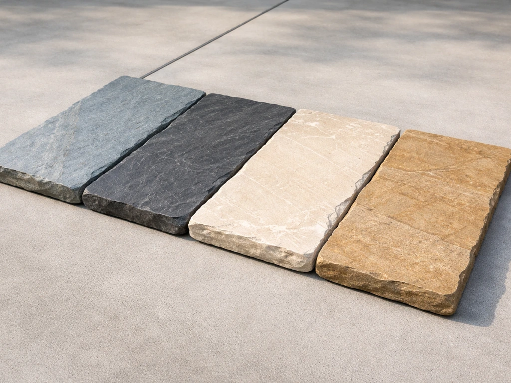Assorted flagstone pieces—bluestone, slate, limestone, and sandstone—laid side-by-side showing different textures.