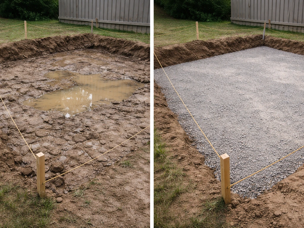 Split-scene photo showing poor clay subgrade pooling water versus improved patio base with proper slope