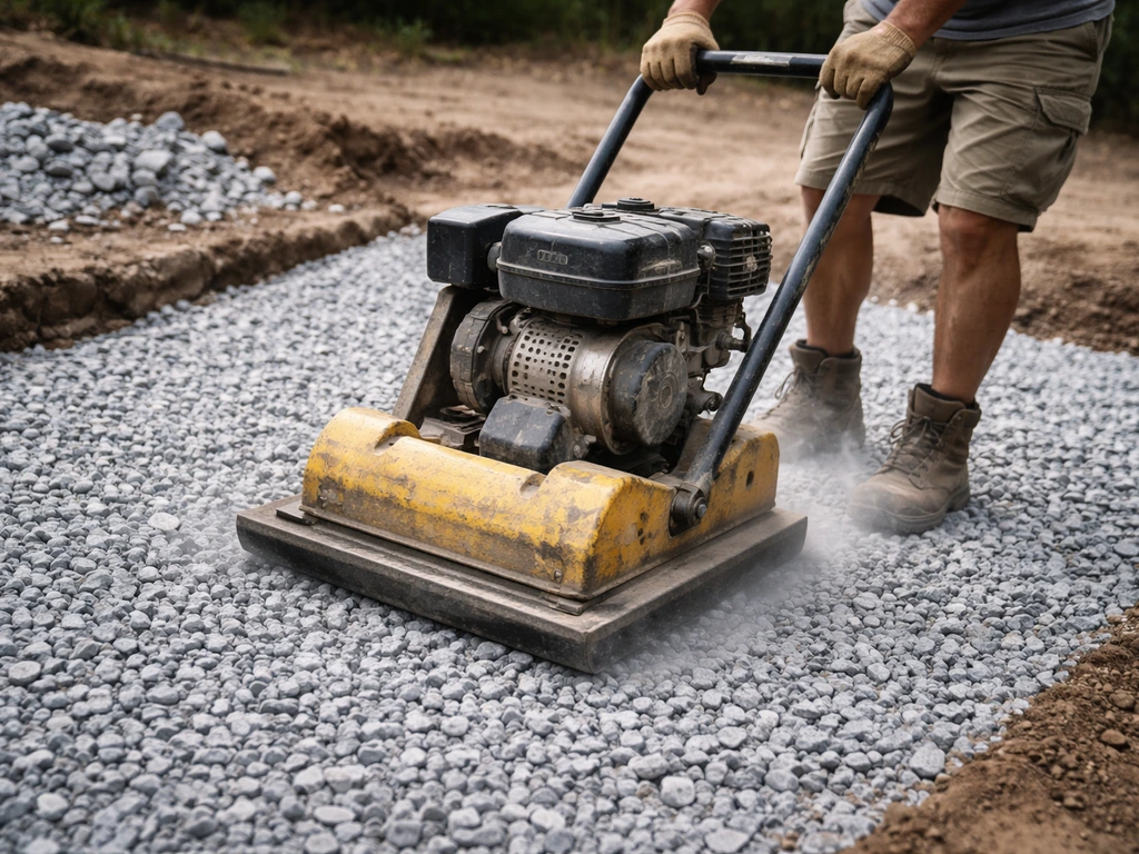 Worker compacting layered angular crushed stone gravel base with a plate compactor