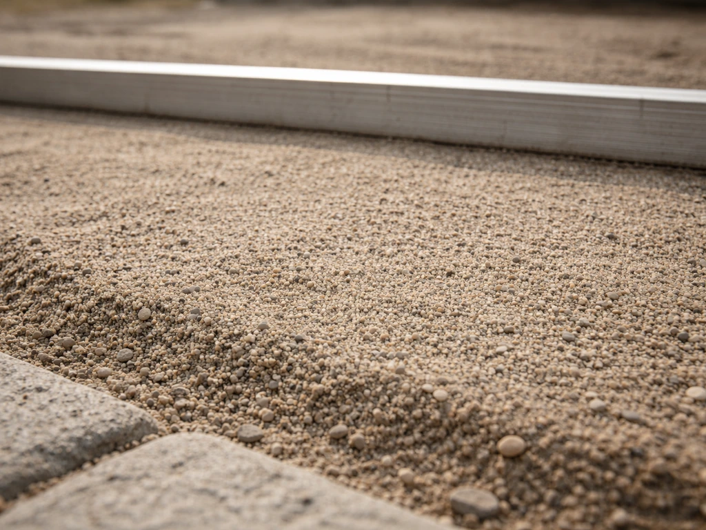 Close-up of coarse sand bedding screeded smooth, about 1 inch deep, ready for stone placement