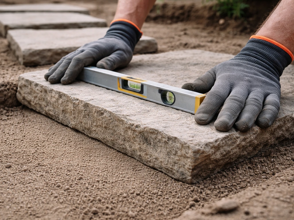 Hands place a heavy flagstone on screeded bedding while a spirit level checks alignment.
