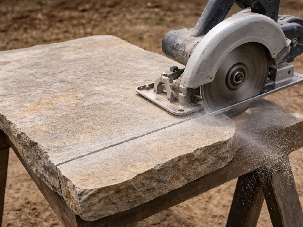 Worker cutting an unpolished flagstone with a circular saw; visible cut line and stone dust in the air.