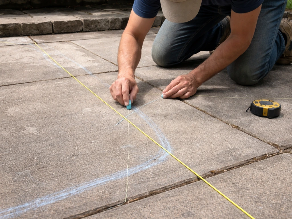 Person kneeling on a patio marking a planned drainage route with string across the ground