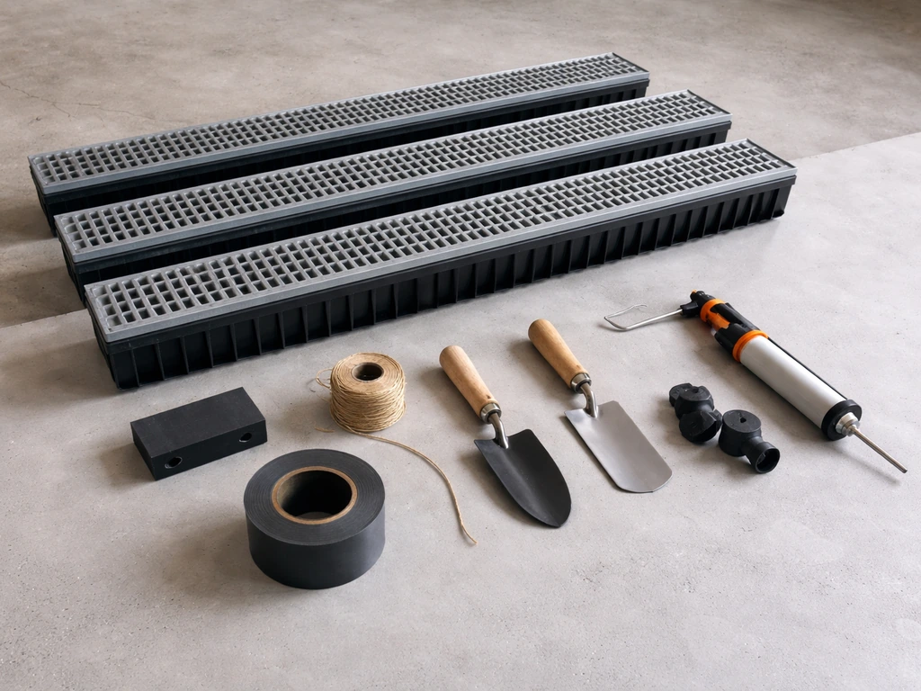 Garage workbench laid out with linear drainage channel parts, fittings, tape, string line, and trench tools.
