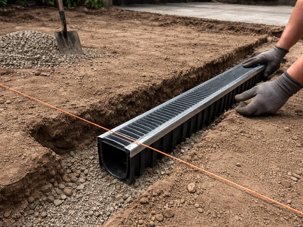 Worker’s hands place a drainage channel in a freshly dug trench along a marked patio line