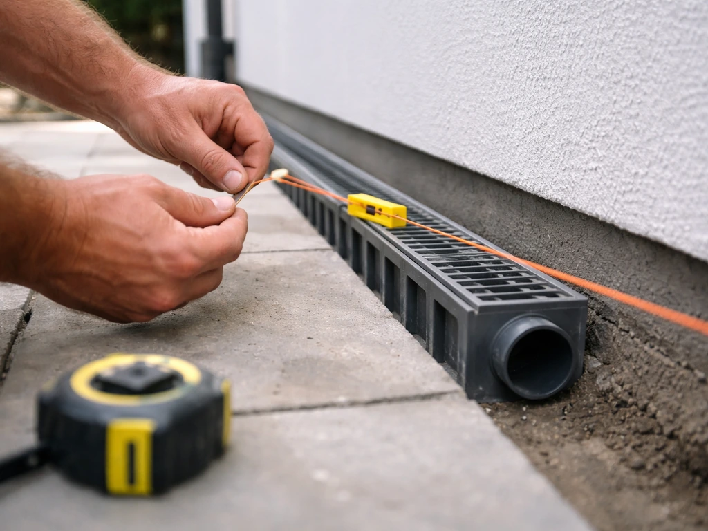 Installer using a string line level to set channel slope toward an outlet connection